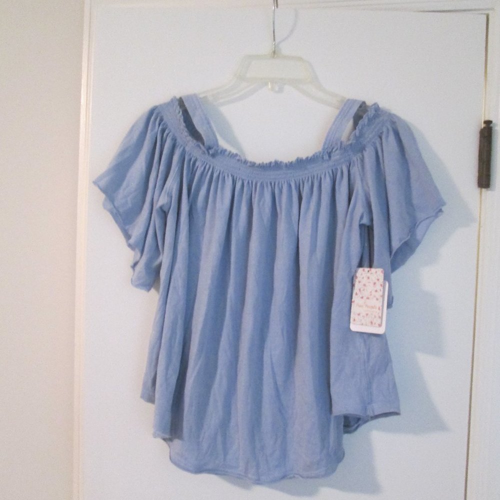 NWT Free people Blue Smocked Cold shoulder Top ~ M